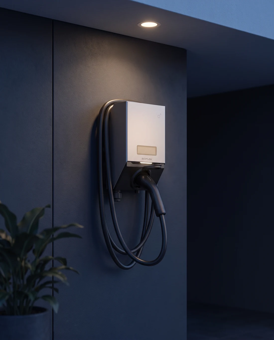 EcoFlow PowerPulse 2 Wallbox mit Ladekabel an dunkler Hauswand